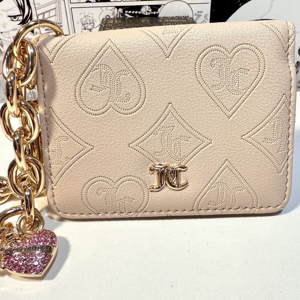 Juicy Couture Sandstone Top Notch Card Case Key Fob Wallet + Chunky Chain NWOT